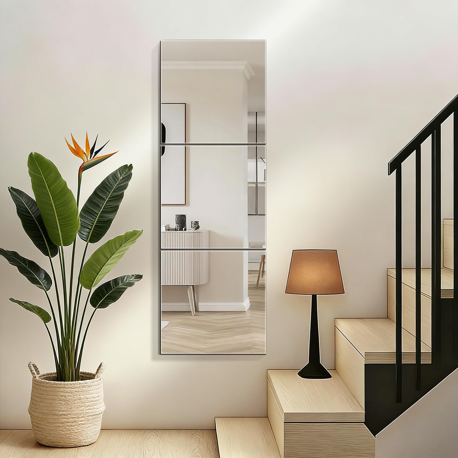 Self Adhesive Mirror Tiles Glass 40x40cm 3 Pack, Stick On Full Length Mirrors, Sticky Long Wall Mirror Decorative Frameless Wall Mirrors for Bedroom Hallway Bathroom Living Room