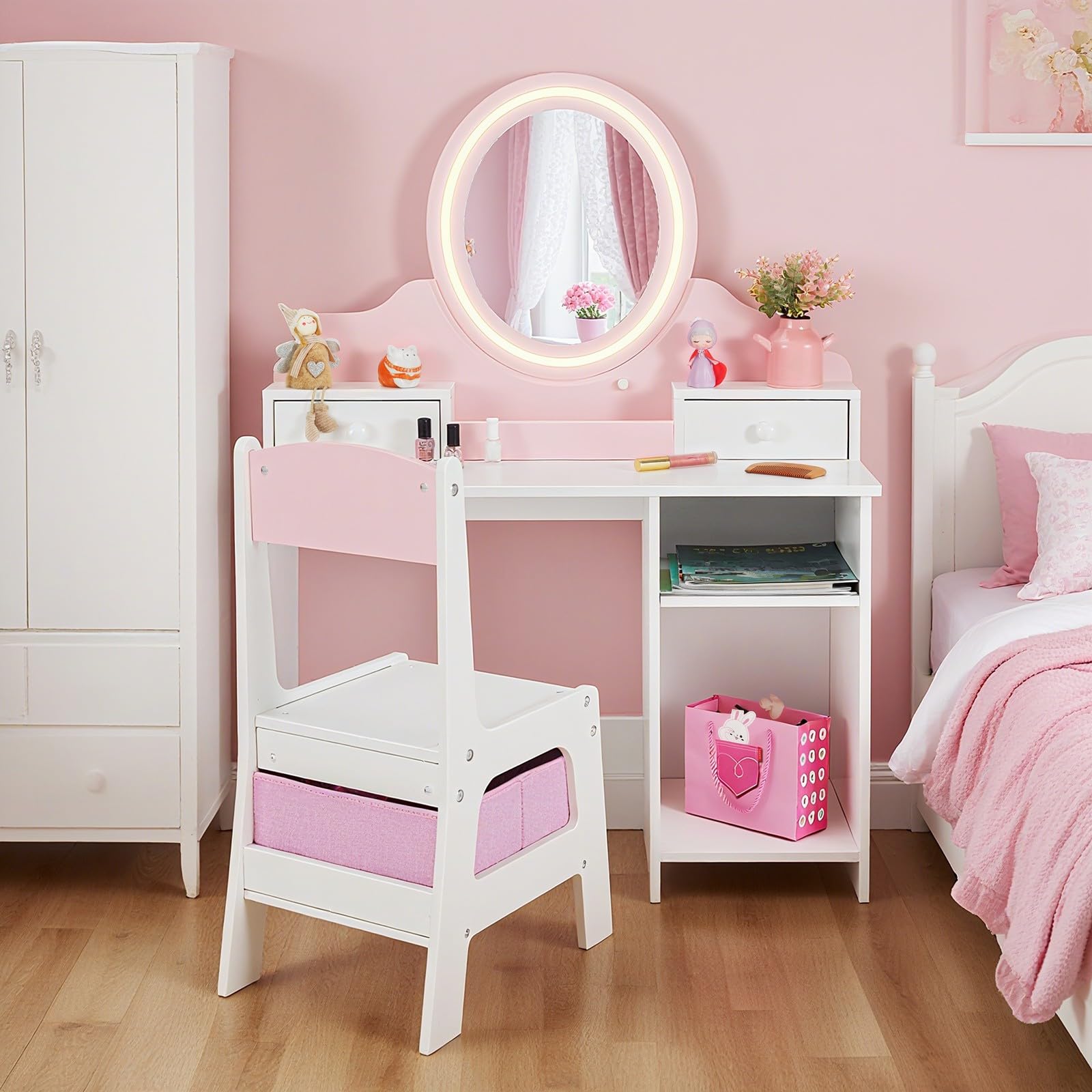 JOYLDIAS 2 in 1 Schminktisch Kinder mit Hocker und LED-Spiegel, Prinzessin Frisiertisch Schreibtisch mit Schublade, Regal und Körbchen, Kinder Schminktisch für mädchen ab 3 Jahre, Rosa