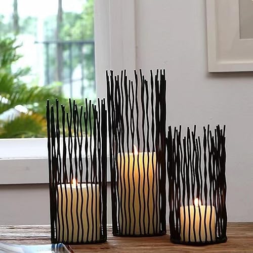 Juego de portavelas de alambre de metal negro, diseño geométrico hueco creativo para centro de mesa, chimenea, chimenea, chimenea, chimenea,