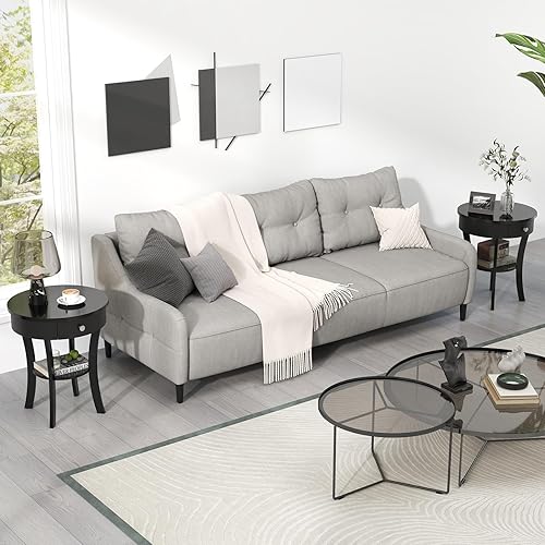 Miniatura 2 de Giantex Mesa auxiliar redonda con cajón, mesa auxiliar de madera de 2 niveles con estante abierto, mesa auxiliar de sofá pequeña para espacio