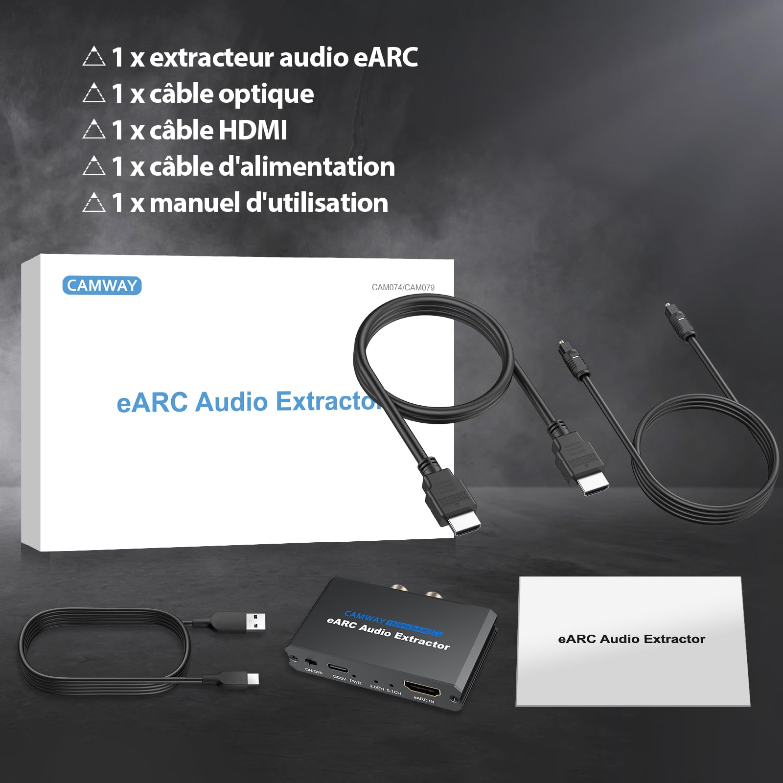 CAMWAY eARC Extracteur audio HDMI ARC/eARC vers fibre optique, RCA, convertisseur audio 3,5 mm, prend en charge le son surround 5.1, installation facile pour barre de son, amplificateur, casque