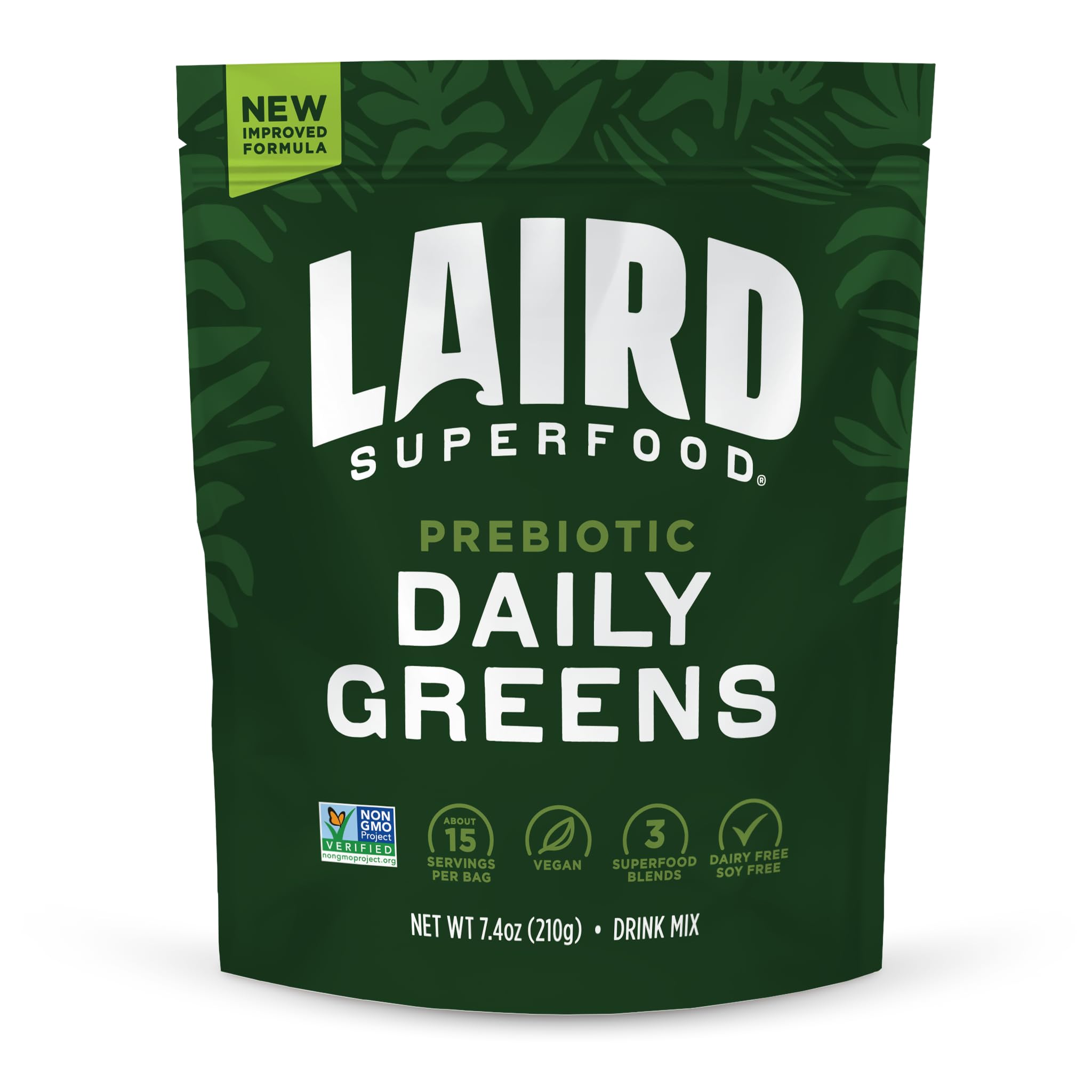 Laird Superfood Prebiotic Daily Greens Powder – Essential Vitamins & Minerals - Prebiotic Fiber, Adaptogen and Fruits & Vegetables – Supports Gut