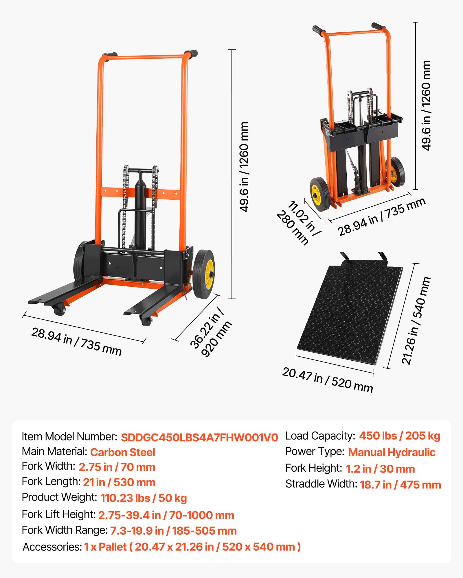 VEVOR Hochhubwagen Manuell 205 kg, Plattformhochhubwagen mit Gabelstaplertisch, Max. Hubhöhe 100 cm, Material Hebewinde Stapler, Plattformstapler, Handstapler, Palettenwagen, Orange & Schwarz