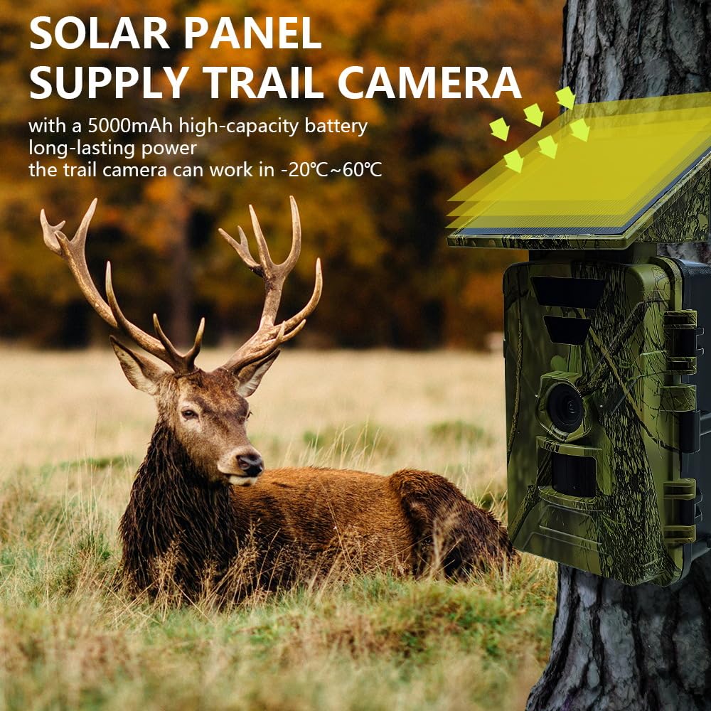 8K 60MP WLAN Solar Wildkamera mit Nachtsicht & 0.1s Auslöser, inkl. 5200mAh Akku & 32GB SD-Karte, IP67 wasserdichte TrailCam mit Bewegungsmelder, APP-Steuerung via 'TrailCam Go' für Jagd