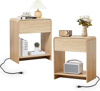 XUZENEST Fluted Nightstand Set of 2 with Charging Station, Modern Bed Side Table End Table with Drawer Storage, Large Wooden Night Stands Bedside for Bedroom Living Room Sofa Office, Natural 2 Sets