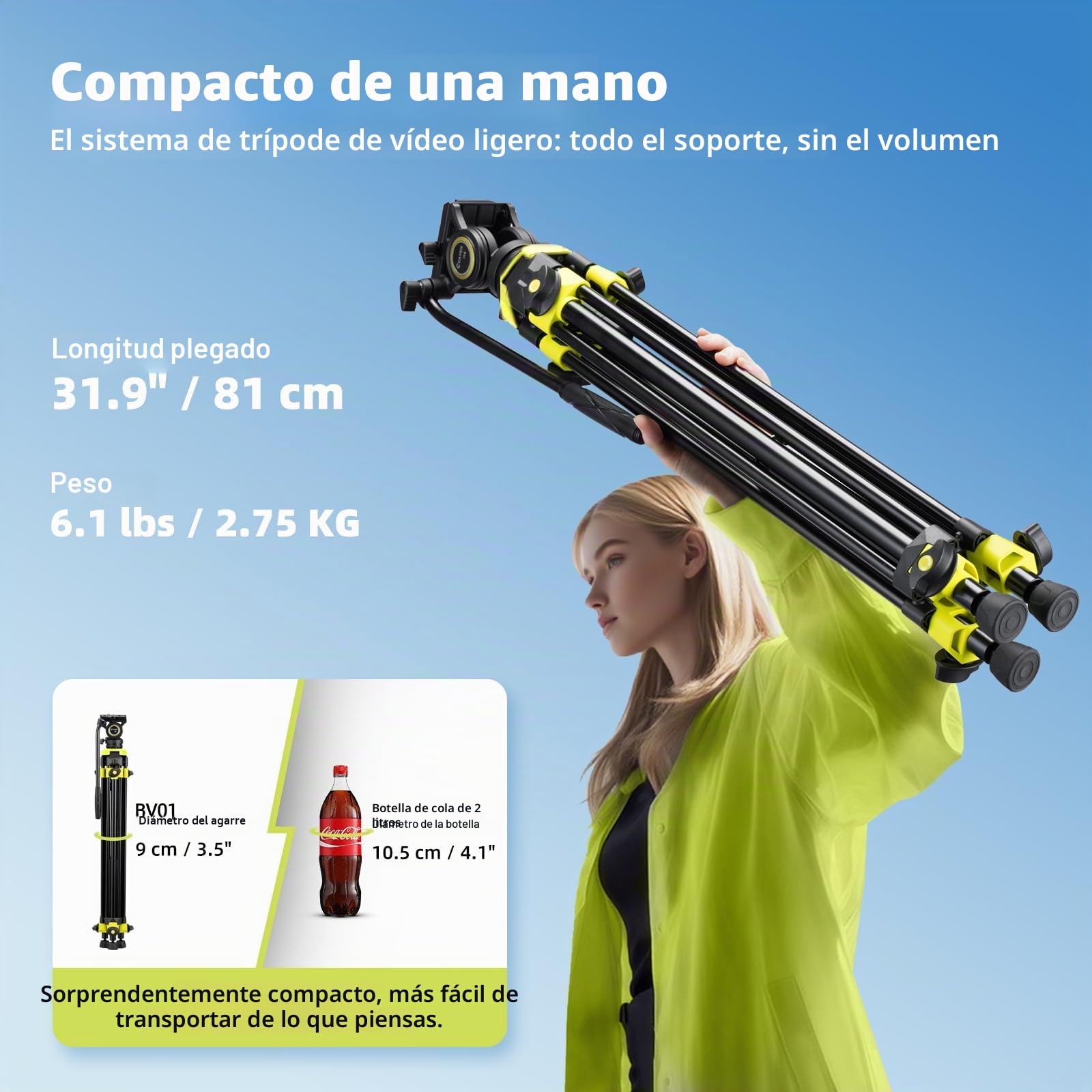 Cayer BV01 Trípode de Video Compacto con Cabeza Fluida Robusto de 165 cm con Cabeza de 360°, Trípode de Viaje Ligero de Aluminio con Placa QR, Carga Máx. 6 kg para DSLR, Videocámaras, Cámaras