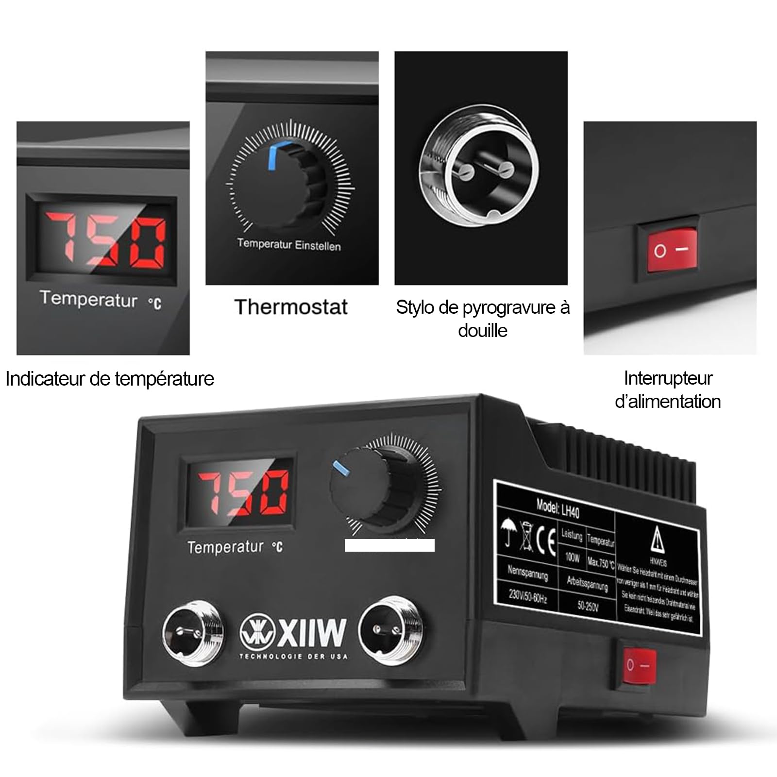 XIIW Kit Pirografo per Legno 100W | 2 Penne Pirografia e 23 Punte | 0–750°C Regolabile | Doppio Attacco | Display Digitale - Macchina Pirografica Leggera per Fai da Te e Artigianato | Regalo Creativo