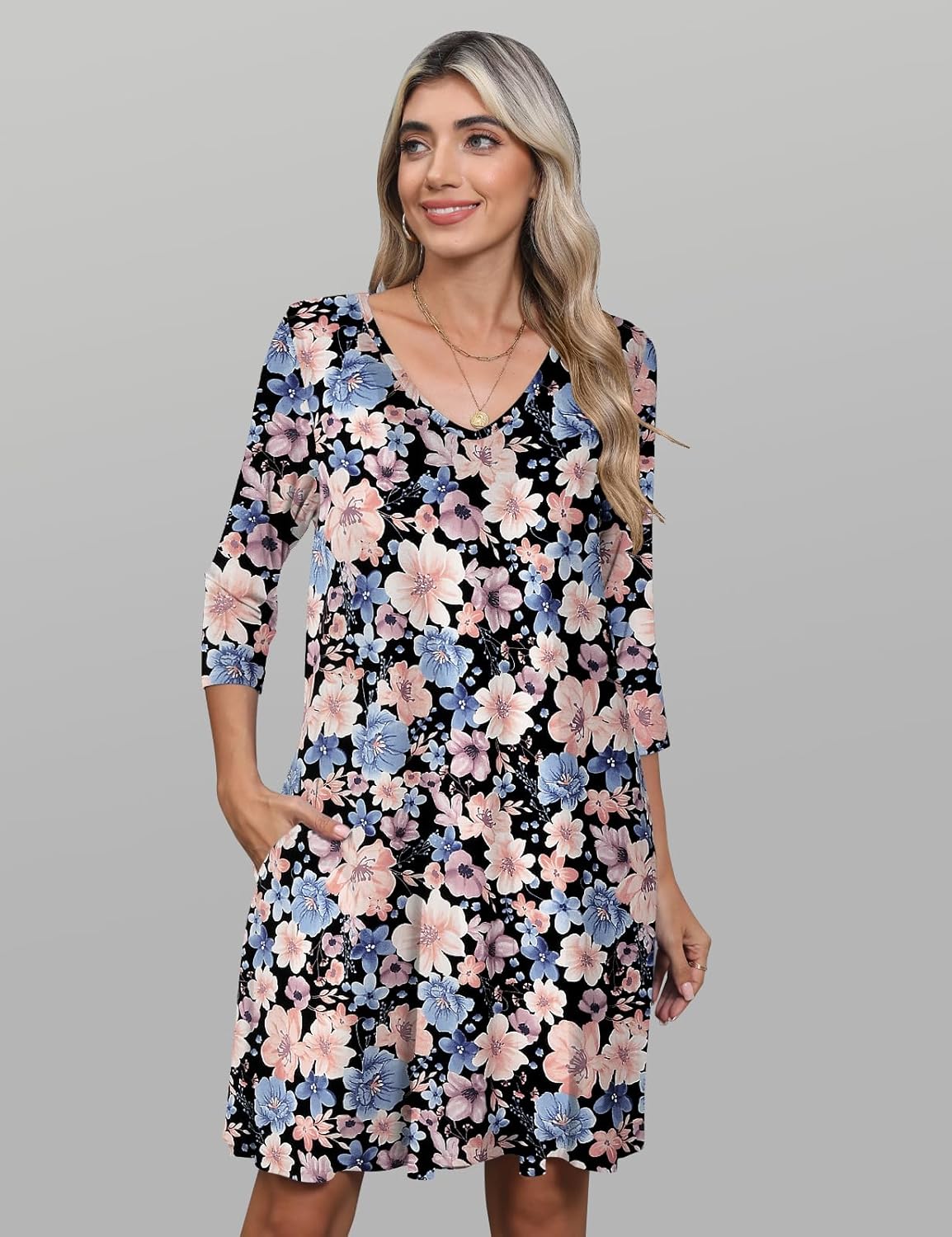 JollieLovin Women 3/4 Sleeve Plus Size Casual Fall Dresses 2025 V Neck T Shirt Long Tunic Dress - Image 4