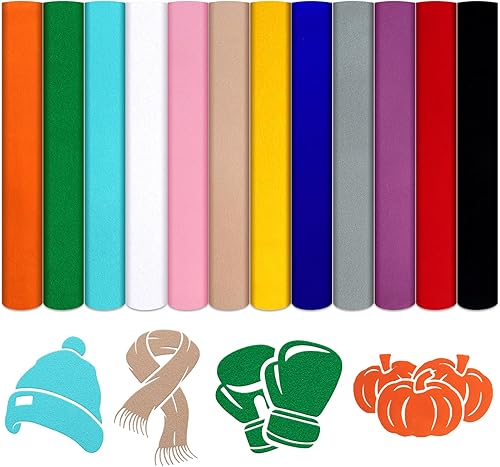 Vinilo de transferencia de calor Flocado HTV  12 hojas de 12 x 10 pulgadas, vinilo de transferencia de calor de colores surtidos para camisetas