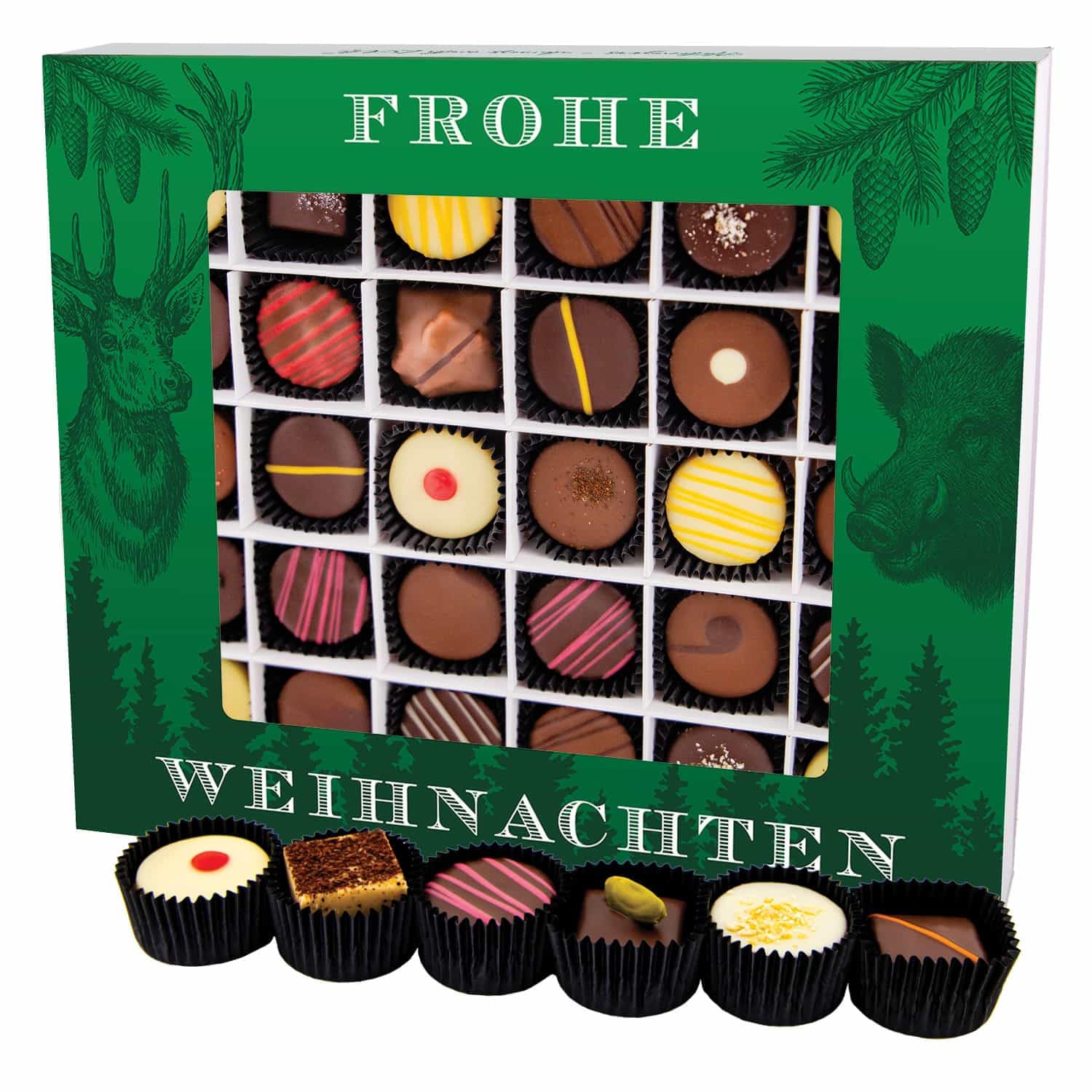 Hallingers Genuss Manufaktur Pralinen Weihnachts-Geschenk - mit & ohne Alkohol, handmade aus Confiserie-Edelkakao in wertiger XXL-Geschenkbox "Frohe Weihnachten", Weihnachten für Jäger