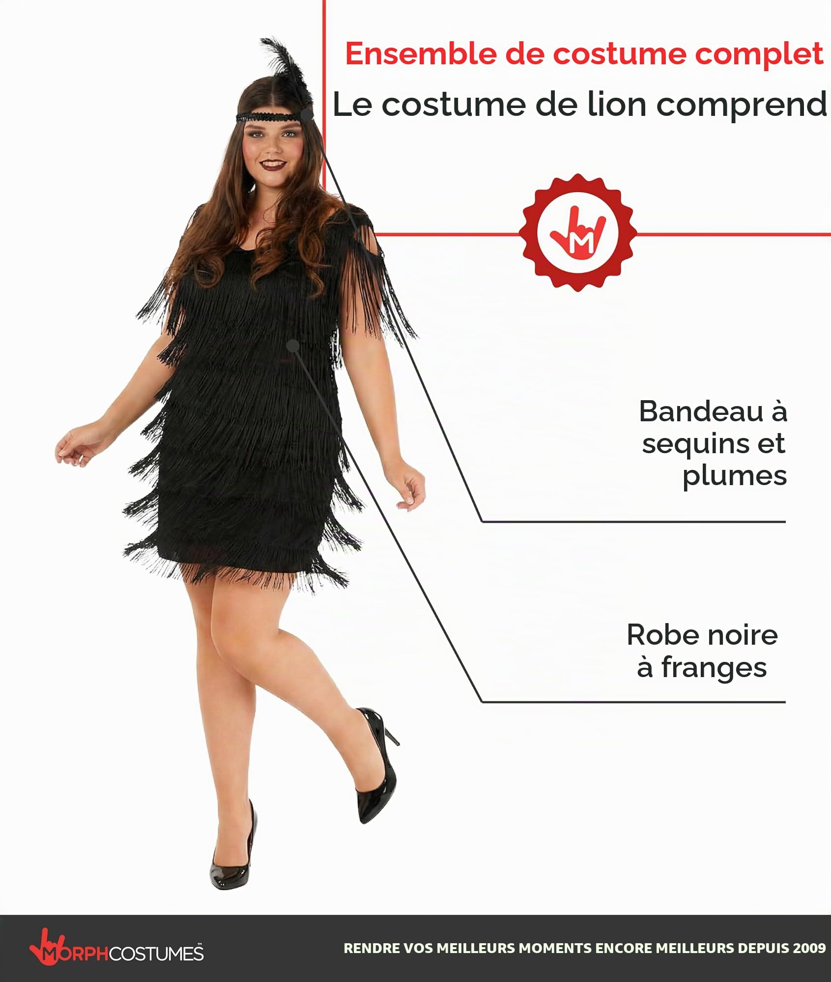 Morph Deguisement Charleston Femme, Costume Annees Folles Halloween | Robe Noire à Franges & Bandeau, Style Années Folles, À Enfiler, Parfait pour Halloween, Idéal pour se Déguiser