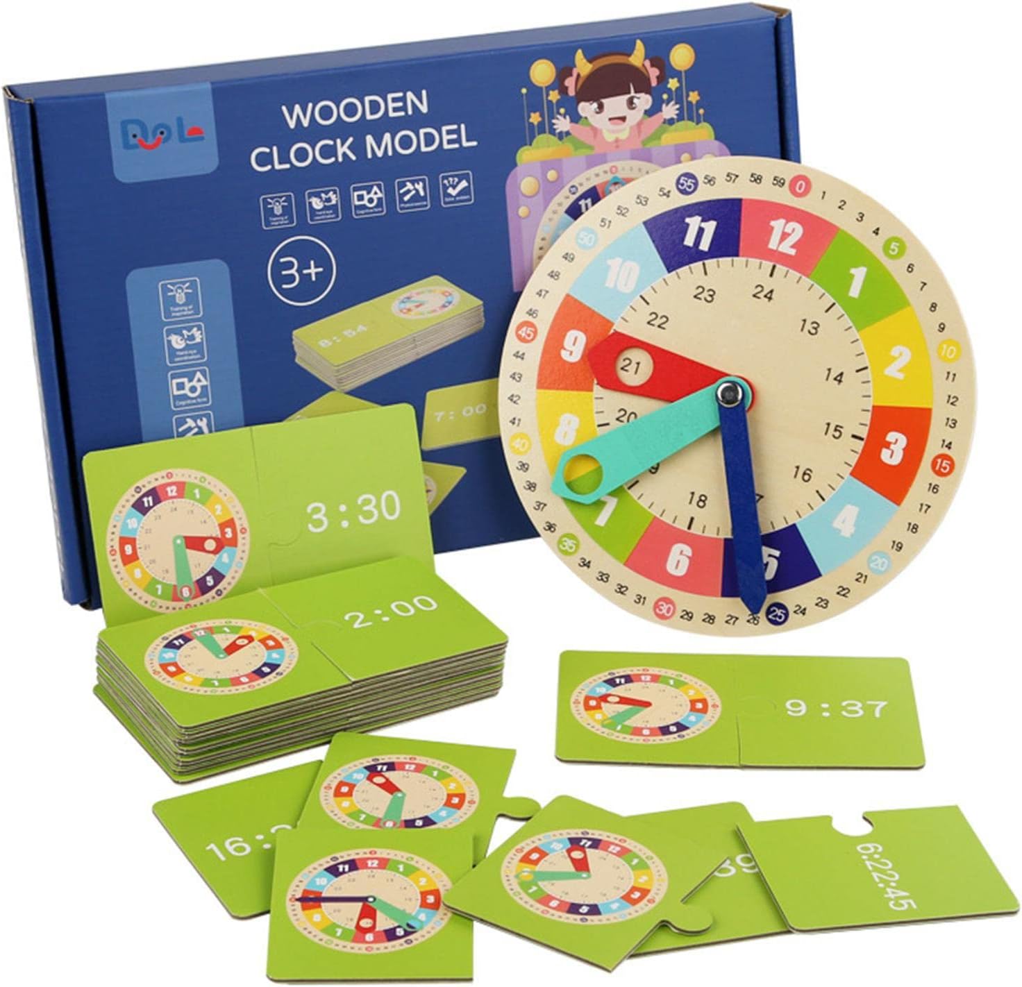Learning Clock Wooden, Colorful Teaching Clock for Kids, 24hour
