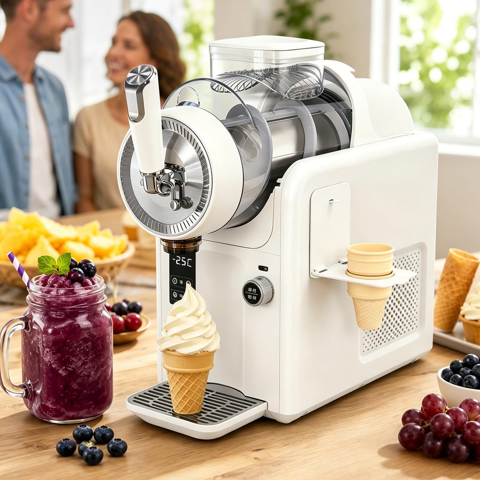 Slushy Machine for Home, 2L Slushie Machine & Soft Serve Ice Cream Maker, Compact Ice Cream Machine with Automatic Cleaning, 5 Presets, Adjustable Temperature for Slushies, Milkshakes White