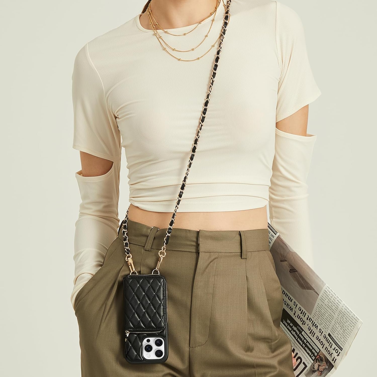 LAMEEKU Compatible with iPhone 16 Pro Max Wallet Case with Card Holder, Quilted Leather Crossbody Zipper Case for Women for iPhone 16 Pro Max 6.9'' Black - Image 3