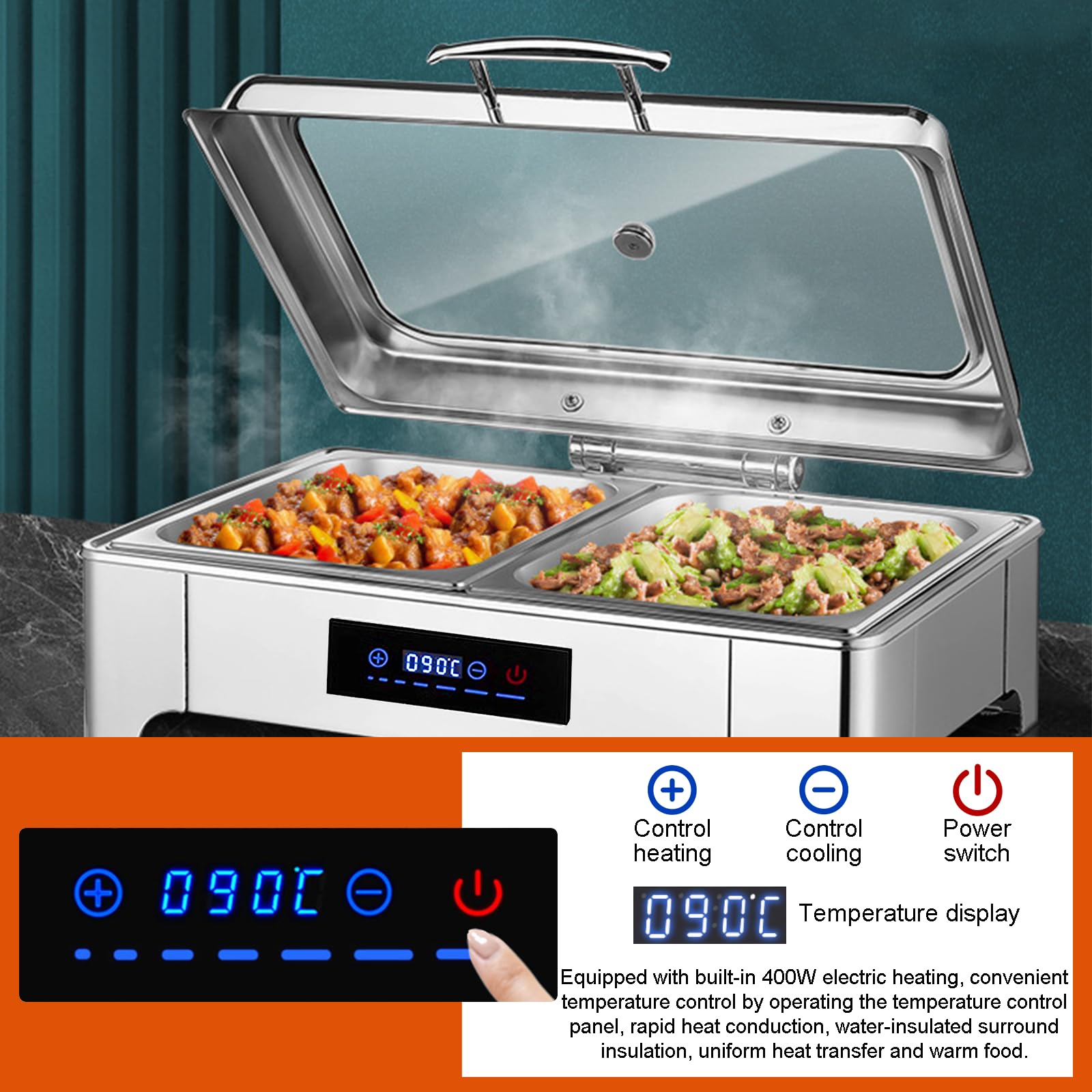 Chafing Dish Elettrico 9L, 35-85 ℃ Temperatura Regolabile(B,1/3 Pan) | 400W Professionale Scaldavivande Elettrico per Buffet, Acciaio Inox Contenitore Scalda Cibo per Hotel, Buffet, Ristoranti