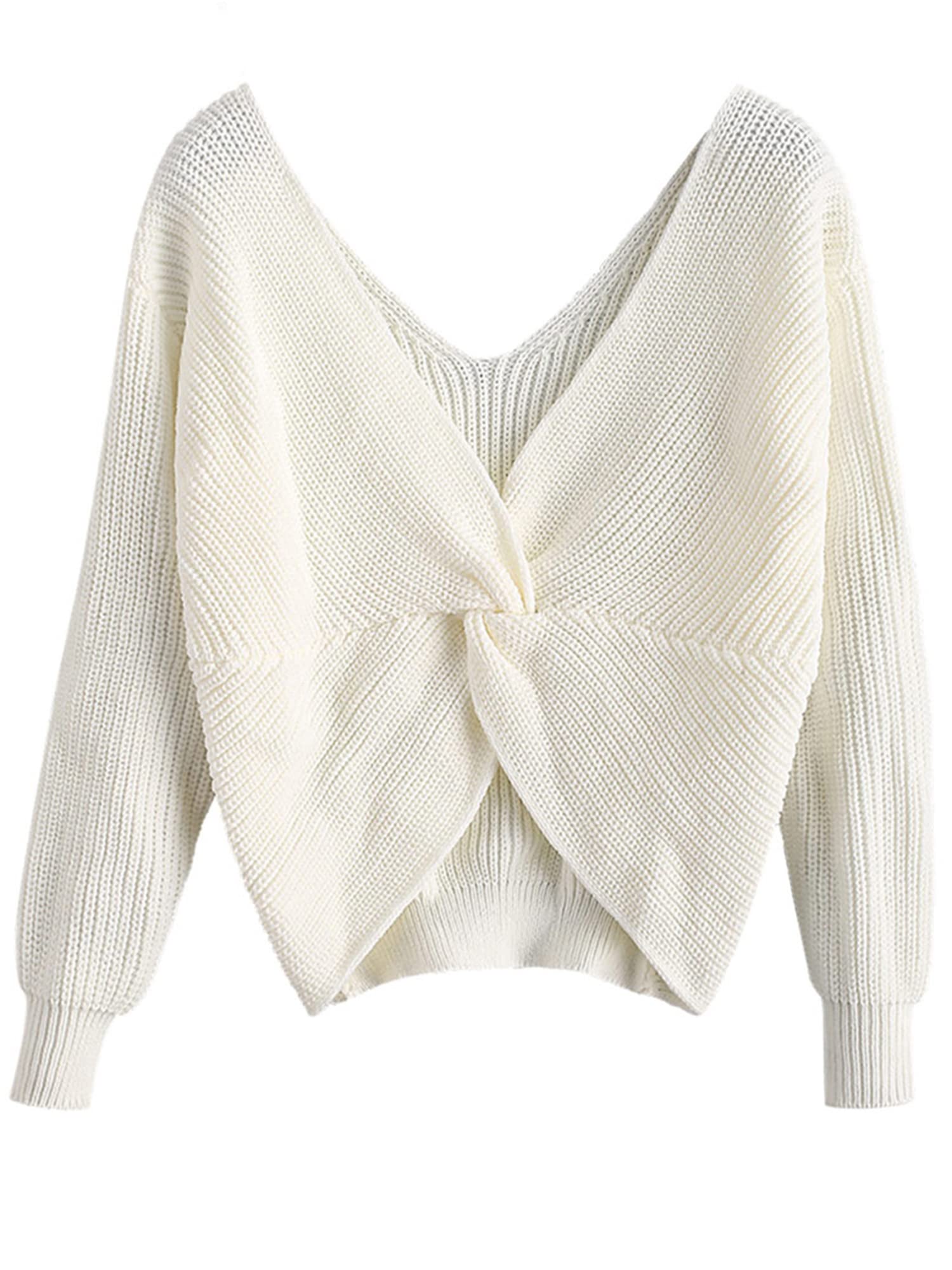 ZAFUL Women's Criss Cross Sweaters Twisted Back Pullover Knitted Cropped Sweater Jumper(0-White, S)