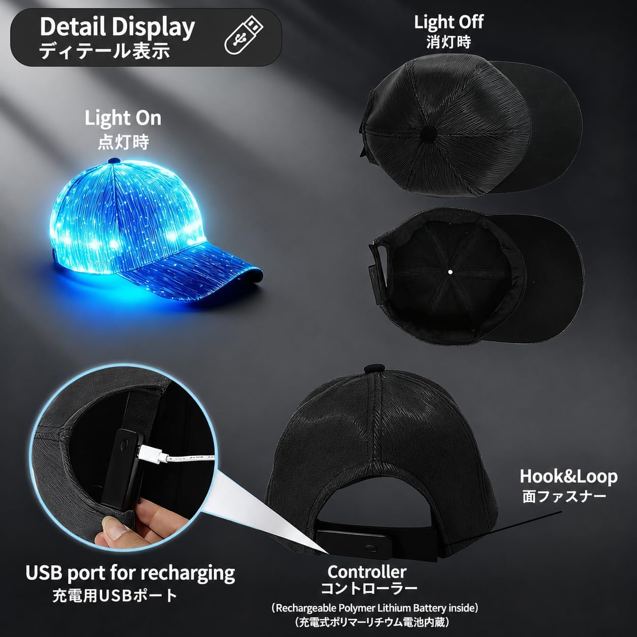 LED Light Up Baseball Cap, 7 Color Luminous Fiber Optic Hat, USB Charging, for Rave, Christmas, Hip Hop