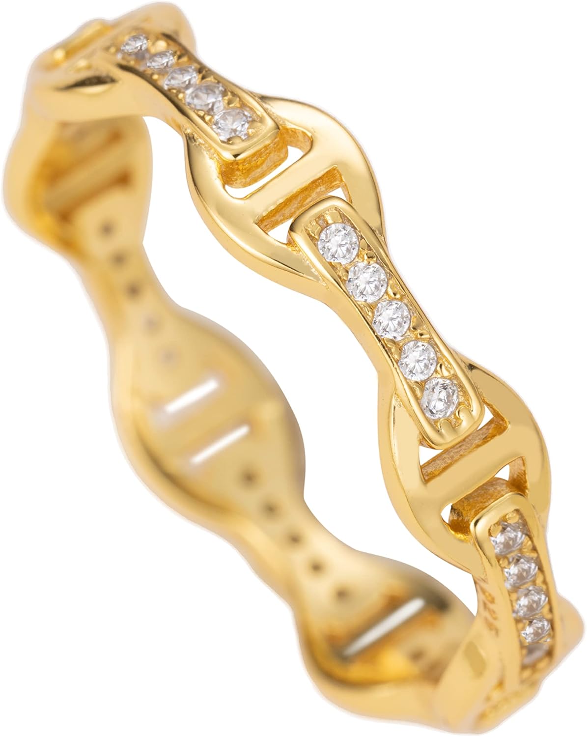 925 Sterling Silver 18K Gold Plated Cubic Zirconia Maritime Mariner Anchor Chain Link Stackable Ring Wedding Band, Nickel Free Hypoallergenic for Sensitive Skin, with Gift Box