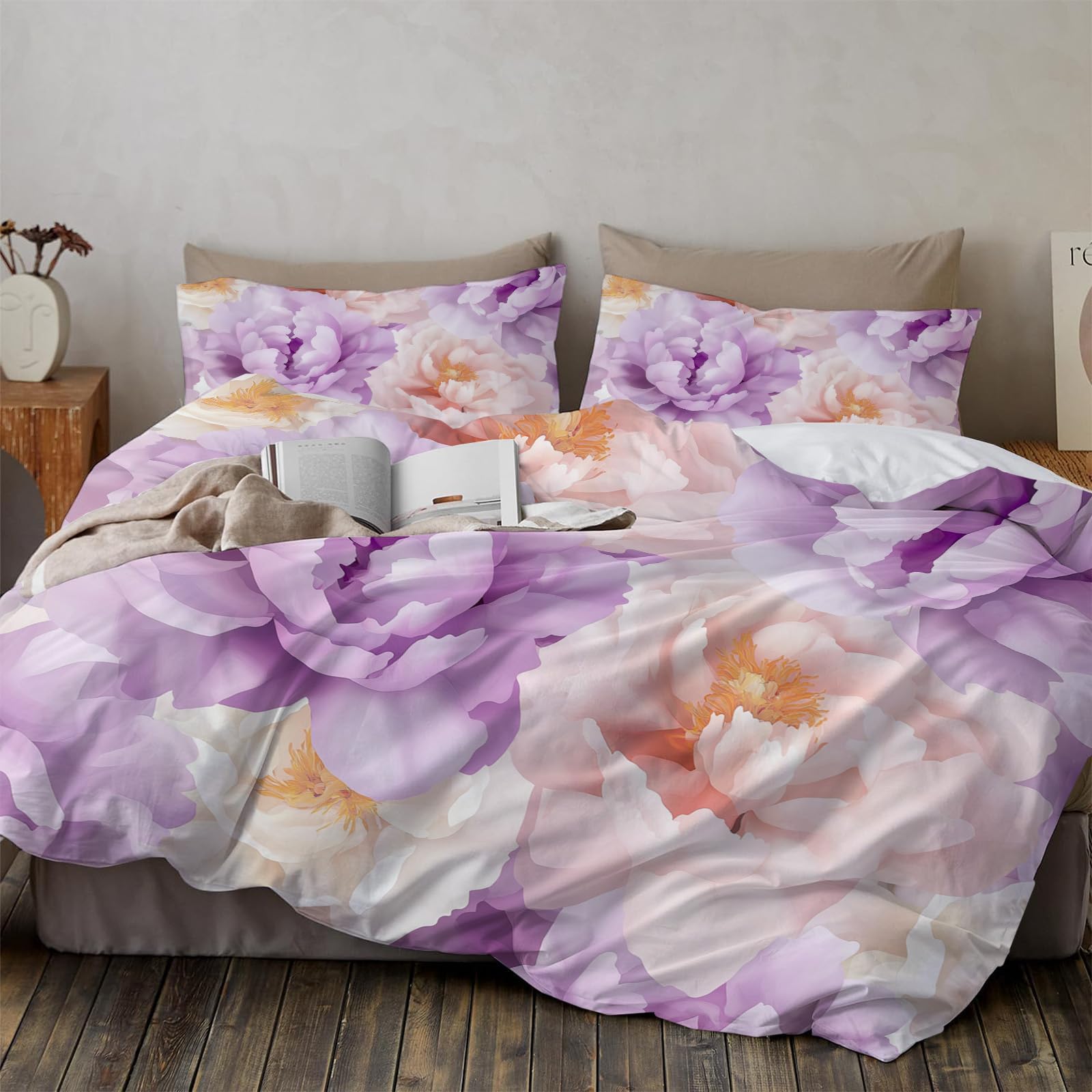 Parure de lit 3D pivoine violet rose housse de couette microfibre beige lit adulte 2 places