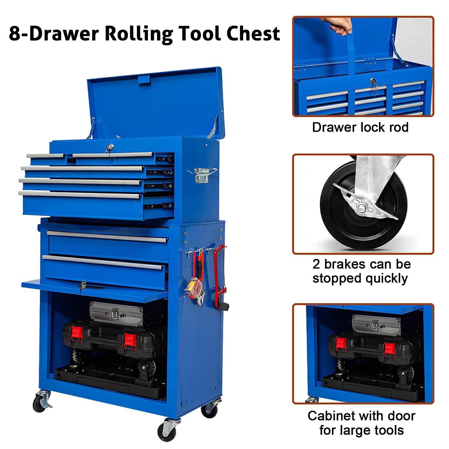 8Drawer Rolling Tool Chest, Portable Stackable Metal Tool Chest with