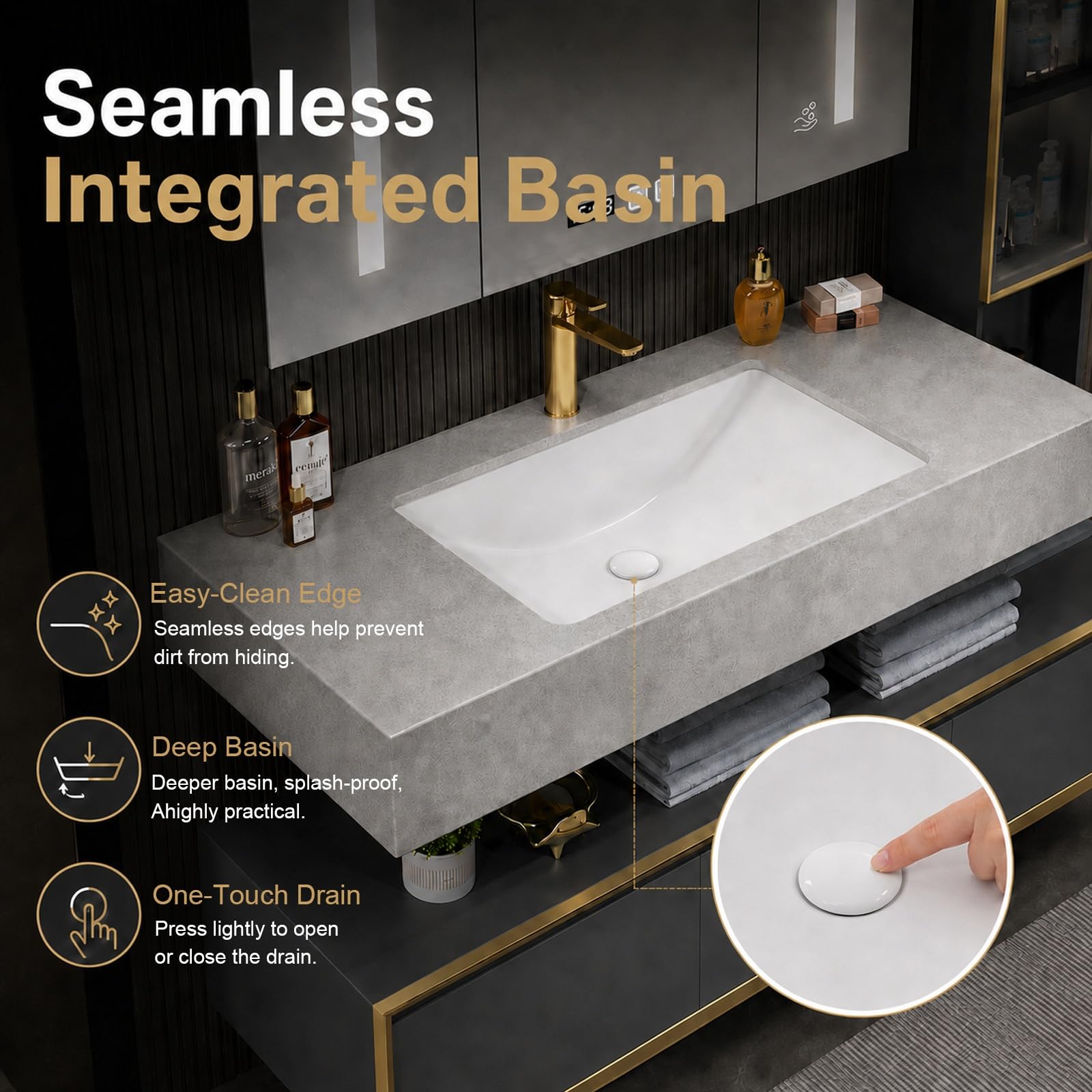 Mobile Bagno Sospeso Con Lavabo E Specchio, Mobile Lavabo Moderno Con Piano In Pietra Sinterizzata, Colonna Contenitore Per Bagno E Toilette