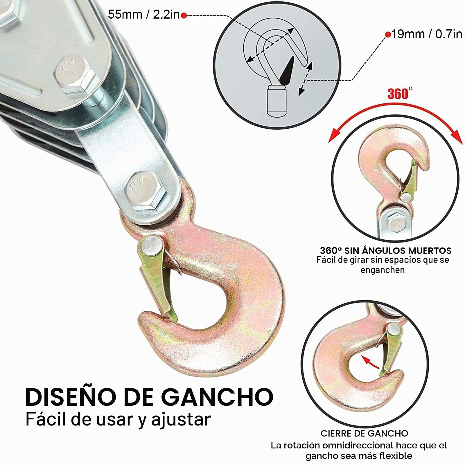 Polipasto de 4 vías con Cuerda de Nailon, Altura 2,5 m, Capacidad 2000 kg, polea de elevación y Gancho de Acero galvanizado