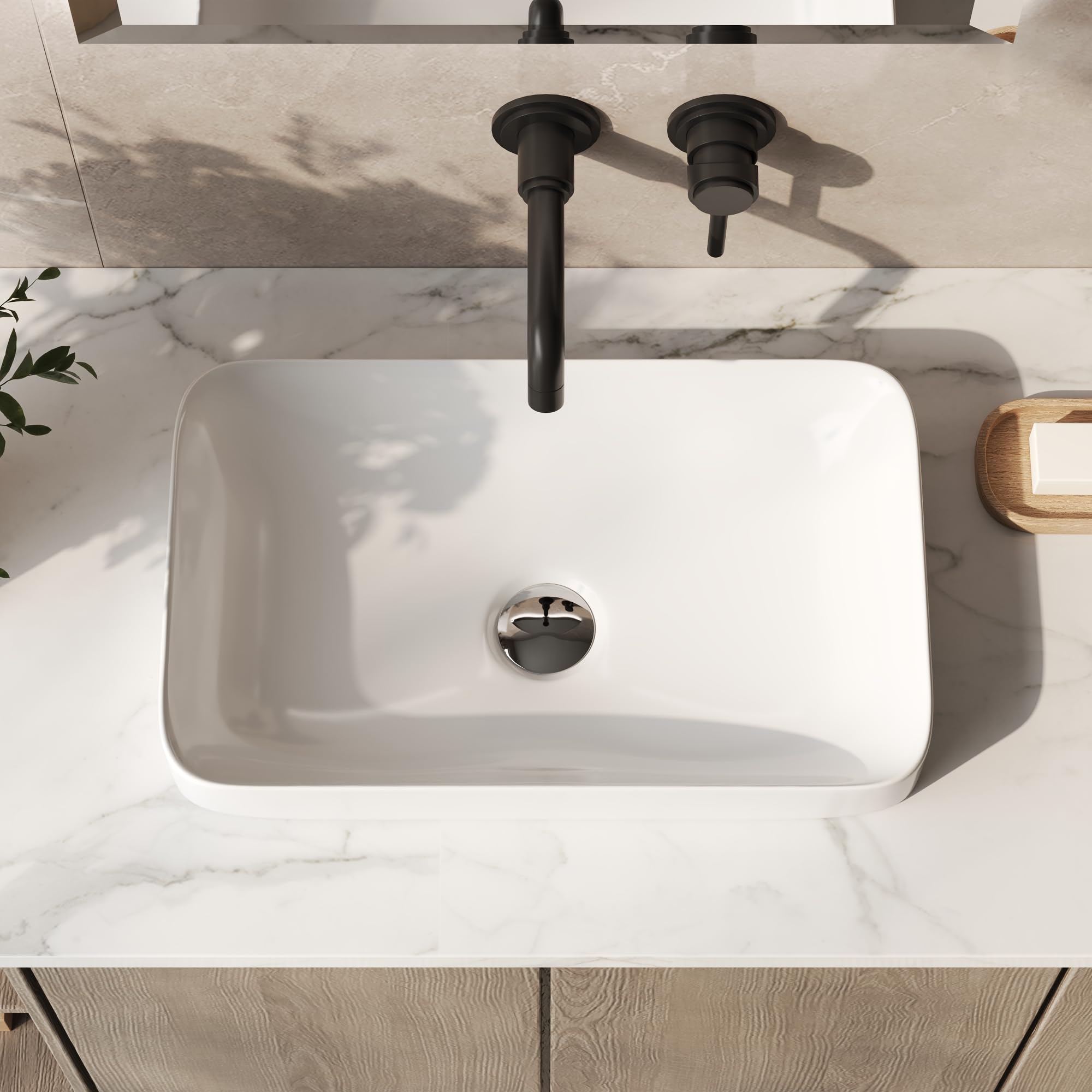 Deervalley White Semi Recessed Semi Recessed Bathroom Sink, 490X300mm Rectangula Ceramic Vessel Sink Basin For Bathroom Vanity Small Spaces Cloakroom Wc