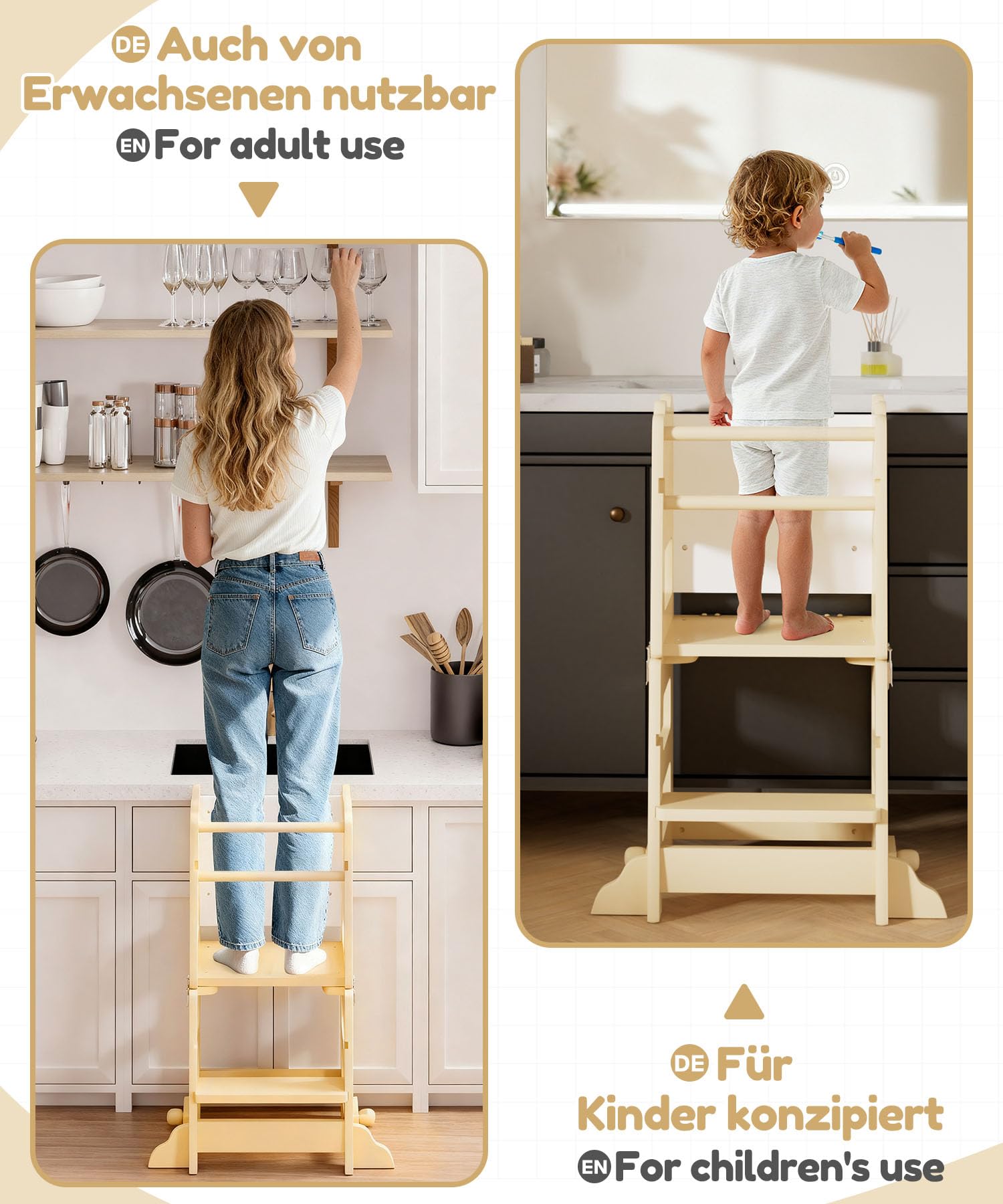 Yorbay Lernturm ab 1 Jahr Klappbar: 2 in 1 Montessori Learning Tower für Kinder mit Tafel - Tritthocker Verwandelbar in Kindertisch Lernstuhl - für Küche Bad und Kinderzimmer