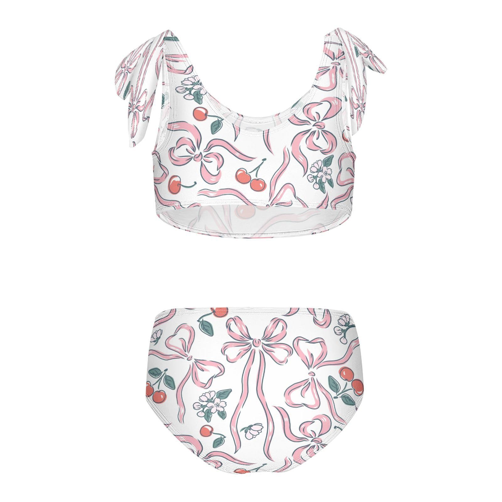 Dussdil Cherries Pink Flowers Bows Girls Swimsuits 2 Piece Swimwear Bikini Set Beach Bathing Suit for Summer Girl Kids 4T