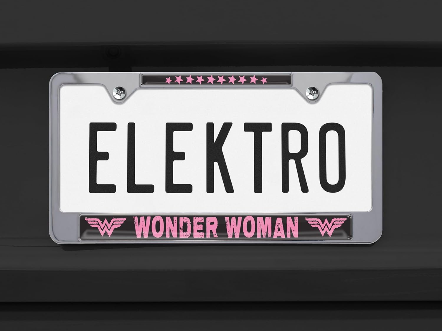 Elektroplate Officially Licensed - DC Comics Wonder Woman Pink on Chrome-Plated All-Metal Standard Size License Plate Frame Tag Holder for Cars/SUVs/Trucks Weather-Proof Automotive Accessory