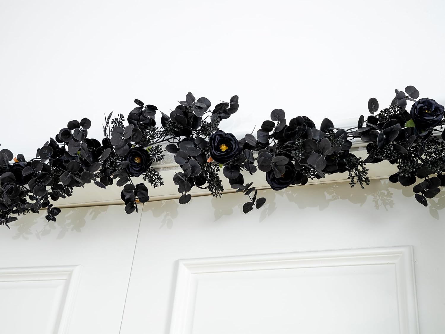 6FT Black Halloween Garland with 10 Black Rose and Berries, Artificial Flower Eucalyptus Garland for Halloween Decorations for Wedding Party Table Decor Indoor Outdoor Backdrop Wall Decor - Image 8