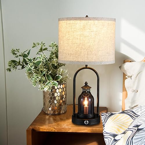Miniatura 6 de Juego de 2 lámparas de mesa estilo granja para sala de estar, mesita de noche rústica vintage junto a la lámpara de escritorio con 2 puertos de