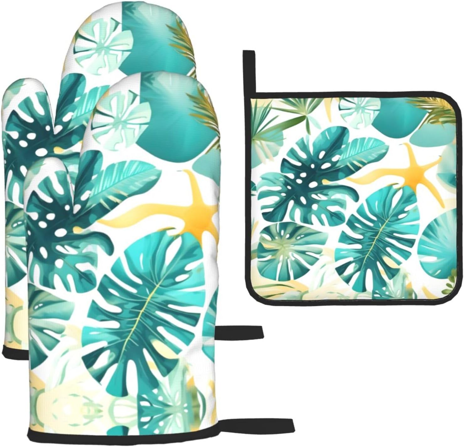 Tropical Beach Plant Theme Print Heat Resistant Microwave Gloves, Used for Baking, Cooking, and Fashion Kitchen Essentials