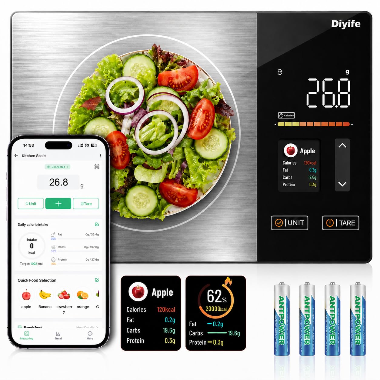 Diyife Smart Food Scales Calorie Counting, [TFT Colorful Display] Kitchen Scales with APP, 25 Nutrients Tracking, Stainless Steel, 5 Units, Nutrition Scales for Baking, Weight Loss, 5000g Capacity-image-13