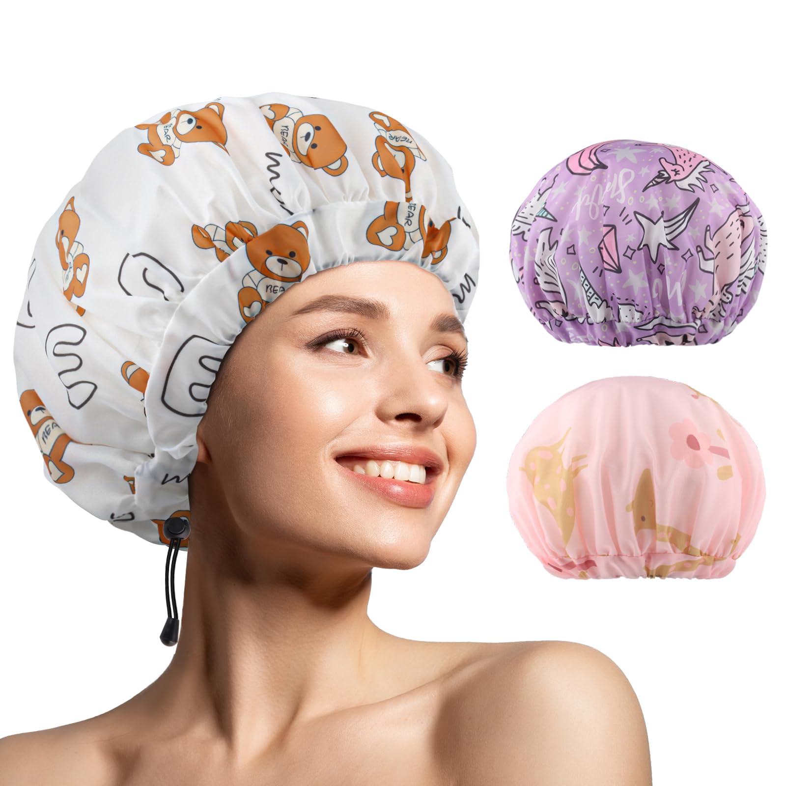 3 PCS Shower Caps for Women, Upgrade Comfortable & Extra Large & Double Layers Waterproof Bath Cap, Oversized Designed Adjustable Hem Hair Cap for All