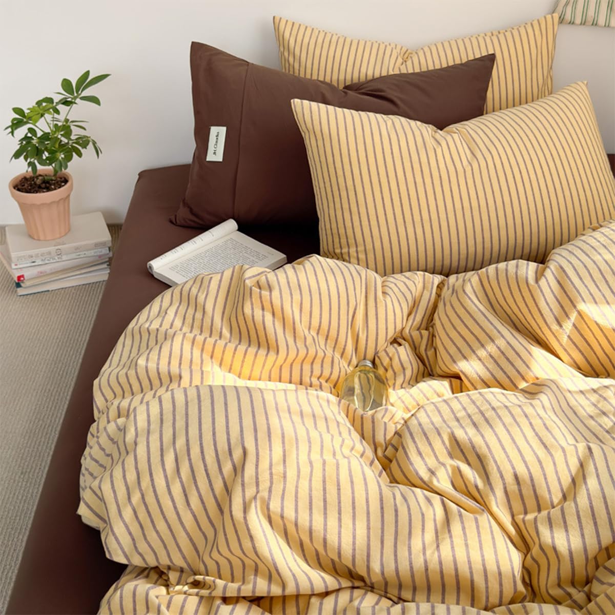 Sedefen Bettwäsche 135x200cm 4teilig Braun Gelb Gestreift Bettbezug aus Microfaser Geometrisch Streifen ÖKO-TEX Bettwäsche Set 2 Bettbezug mit Reißverschluss und 2 Kissenbezug 80x80cm