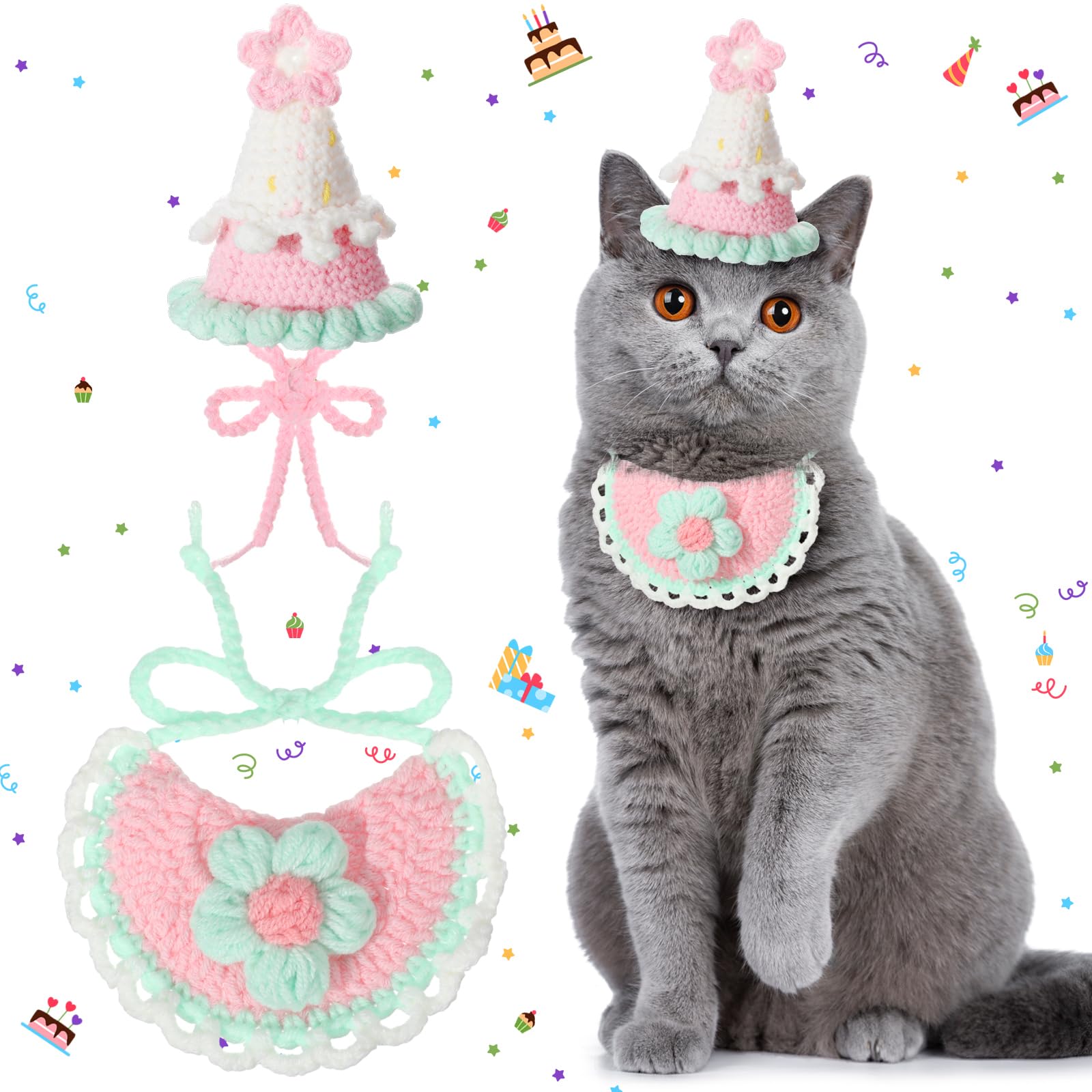 Sanwuta 2 Pcs Cat Birthday Party Supplies, Knit Cat Hat Kitten Birthday Bib Knit Bandana Pet Party Costume Headwear Accessories for Puppy Kitten Small