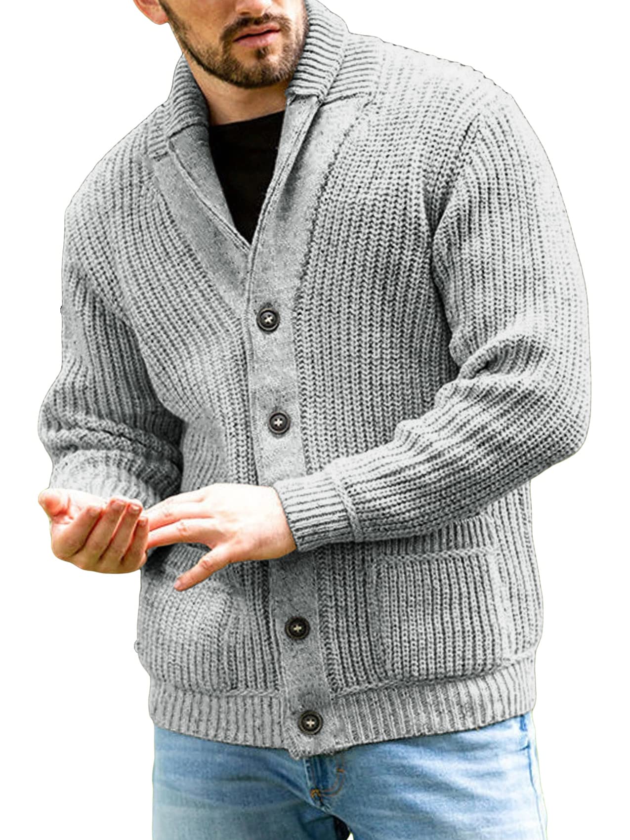 Runcati Strickjacke Herren Grobstrick Cardigan Lässig Schalkragen Langarm Knopfleiste Strickpullover Tops