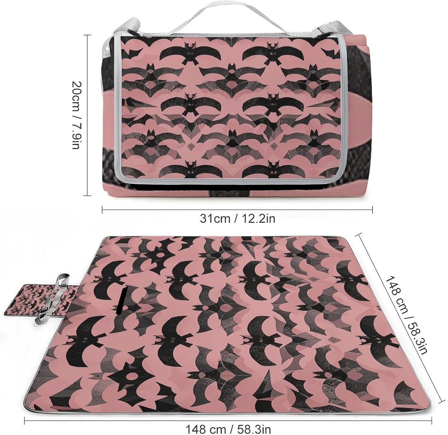 Outdoor Picnic Blanket Extra Large Beach Blanket Waterproof Picnic Mat Bat Pattern Camping Blanket Portable with Carry Strap Park Blanket for Grass Camping Park