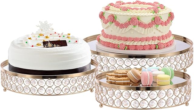 SUMNACON Set of 3 Crystal Metal Cake Stand Display Pedestal with Round Mirror Top Plate, 35CM+30CM+25CM Decorative Gold Cupcake Holder Dessert Stand for Wedding Birthday Party