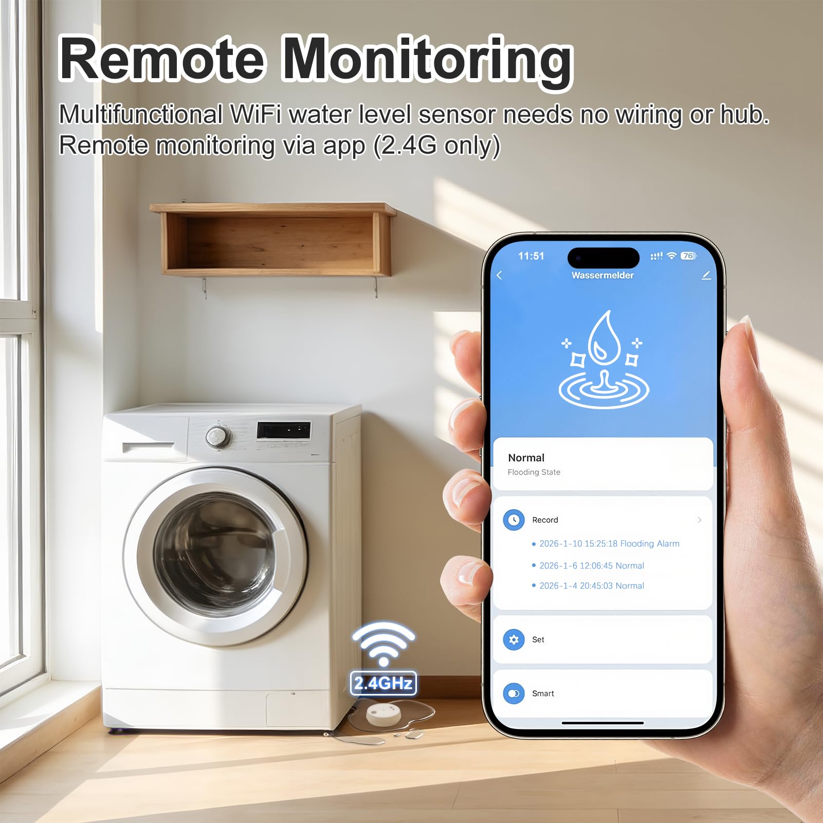 Détecteur de Fuite d’Eau Connecté Ultra Fin Capteur Anti-Inondation Sirène 100 DB pour Alerte App et Domotique Intelligente Alarme de Capteur d'eau pour Cuisine Salle de Bain sous-Sol