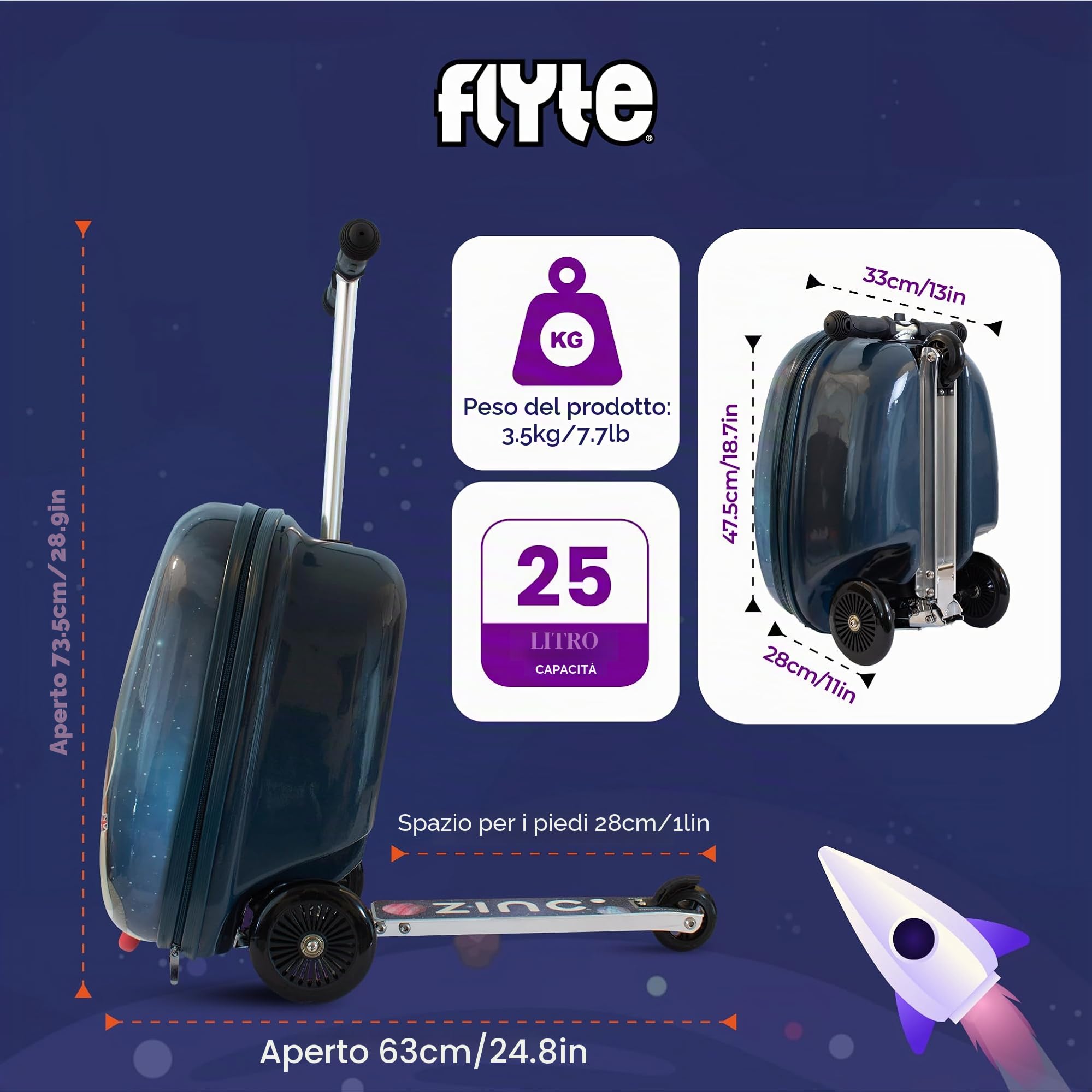 Flyte Valigia per monopattino pieghevole per bambini, con guscio rigido, con ruote, 2 in 1, 45 cm, capacità 25 litri