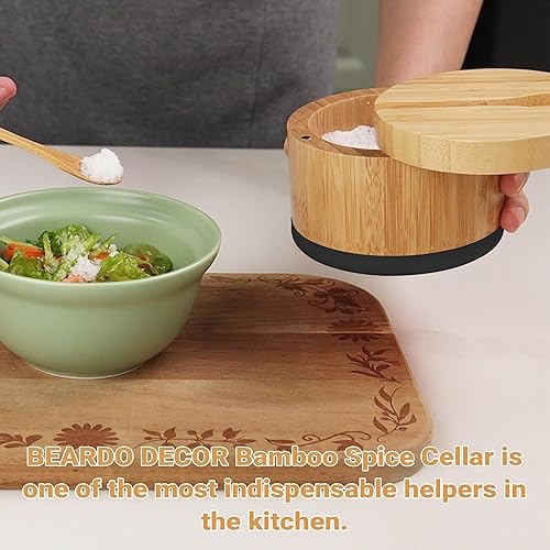 Miniatura 7 de Beardo - Sal de bambú con tapa y cuchara, caja de sal negra, fácil de distinguir las especias en el tazón, recipiente de sal con tapa giratoria