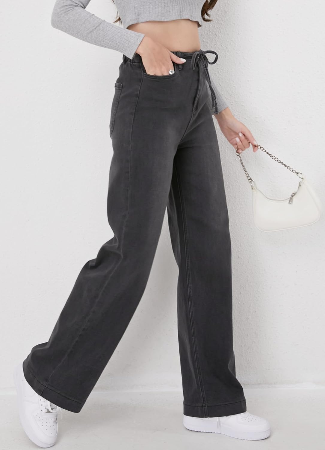 Drawstring Jeans Women, High Waisted Straight Leg Baggy Jeans Stretchy Trendy Denim Pants - Image 5