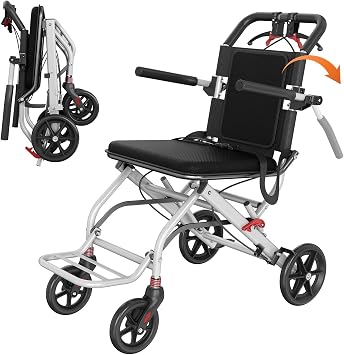 Lightweight Foldable Transport Wheelchair, Portable Travel Wheelchair with Handbrake for Adults & Seniors, Easy-Fold Design & Secure Locking Brakes Transfer Wheelchairs White