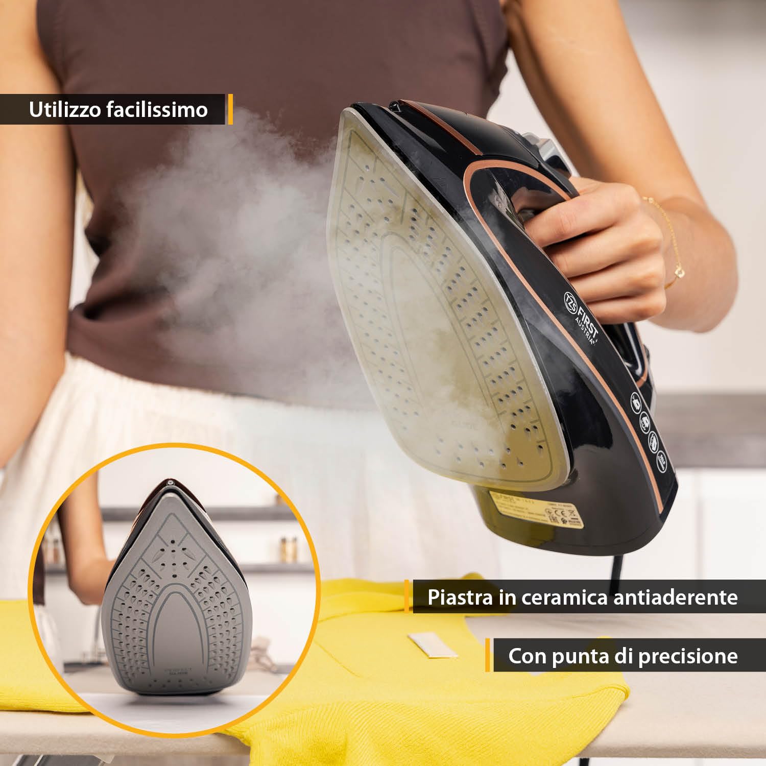Ferro da stiro a vapore TZS First Austria I 2800-3200 W I piastra in ceramica I autopulizia I vapore verticale I anticalcare I stiratura a secco I serbatoio dell'acqua da 0,45 l I 1,3 kg