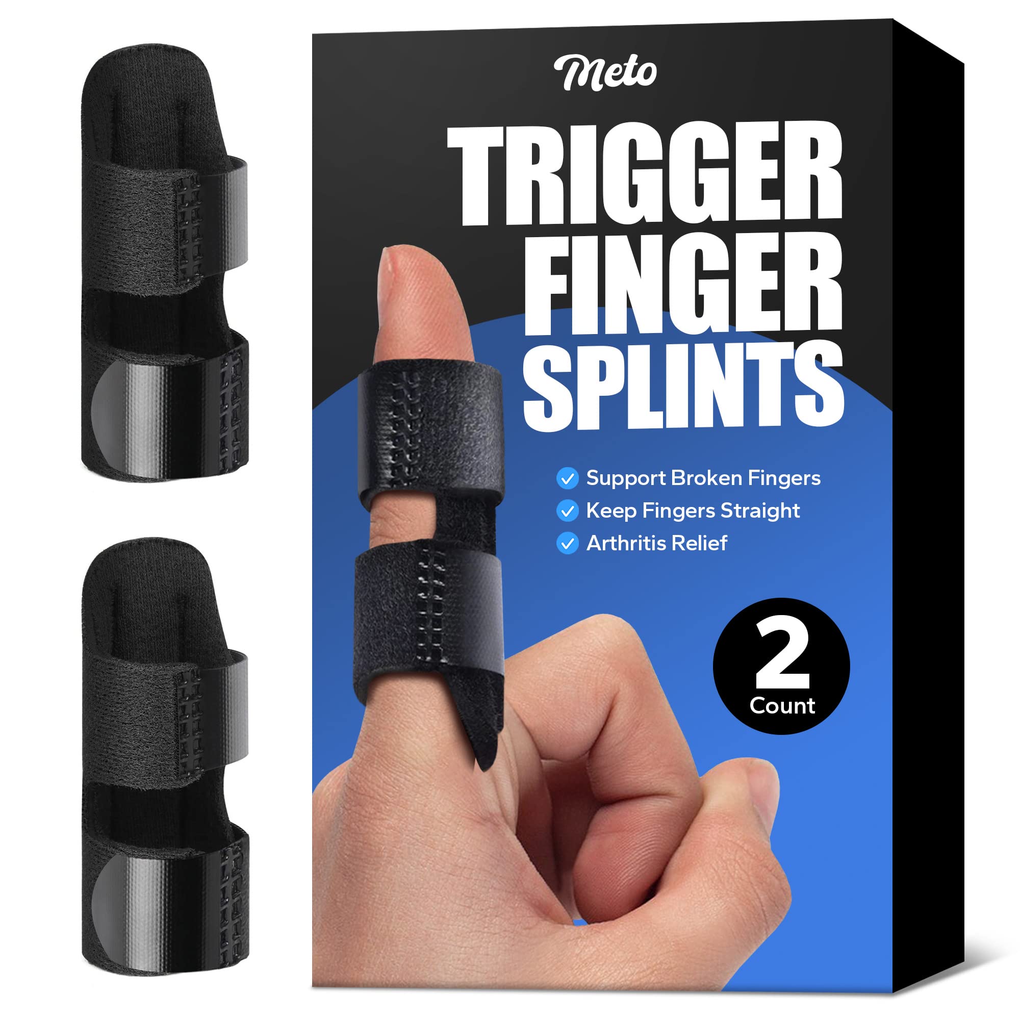 Meto Finger Splints for Trigger Finger (2 Count), Finger Brace for Straightening, Support Broken Fingers or Arthritis Relief, Trigger Finger Splint for Middle Finger, and Other Fingers (Black)