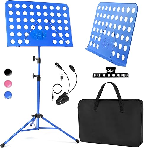 lotmusic Soporte de música azul, soporte portátil para partituras, soporte de música plegable y ajustable en altura con bolsa, clip de partitura,