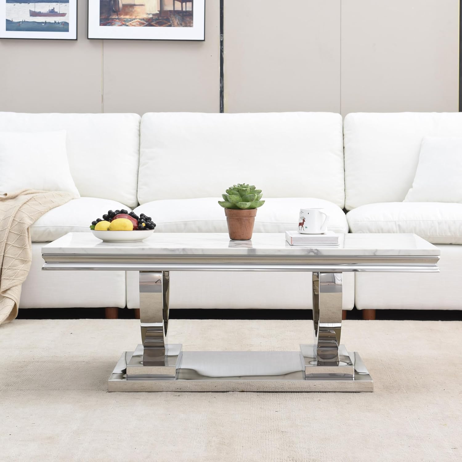 SSLine Rectangular Faux Marble Coffee Table for Living Room Modern Luxury White Marble Center Table with Silver Pedestal Base 46.8" Mid-Century Cocktail Table with Mirrored Stainless Steel Frame Legs