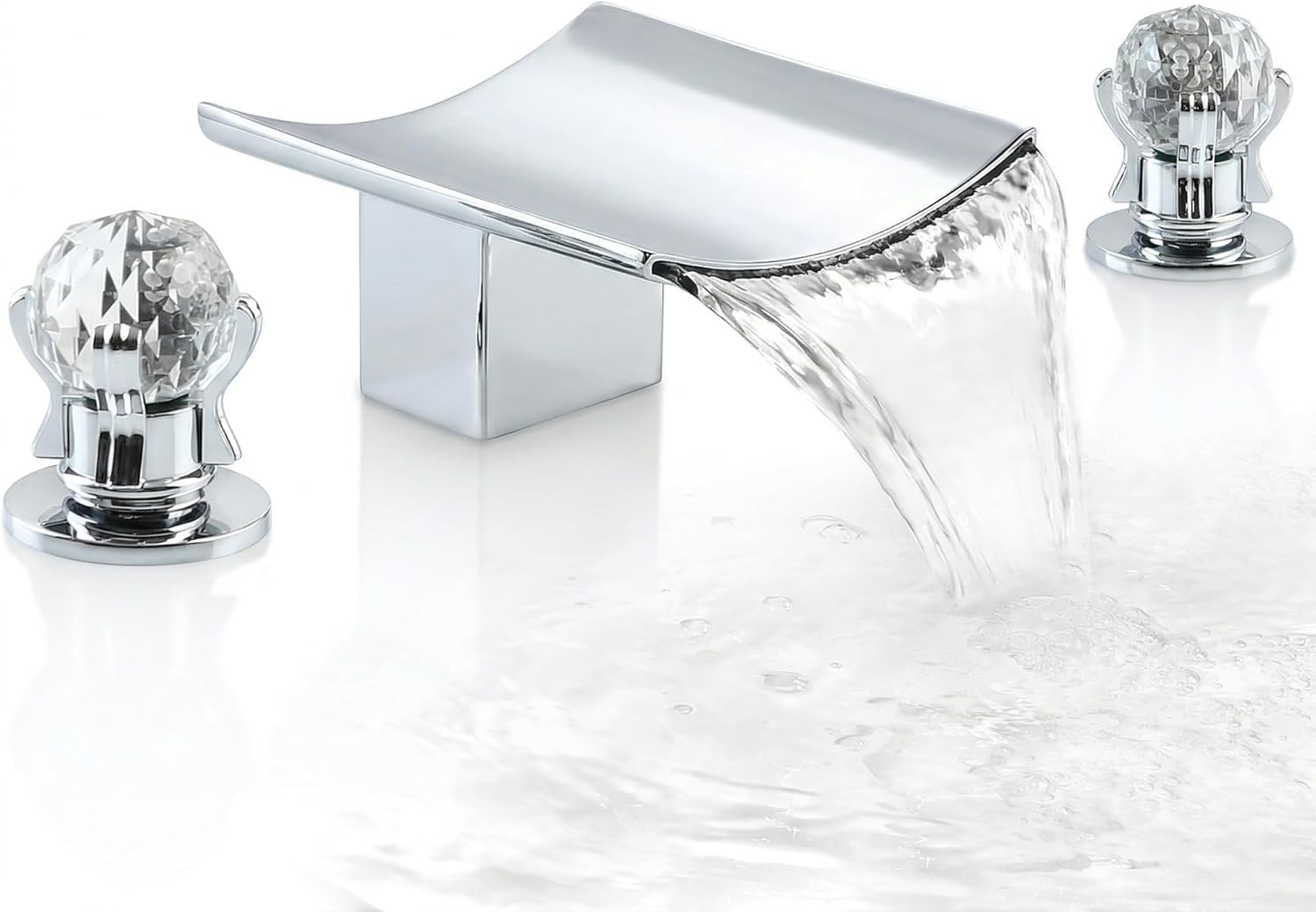 Waterfall Bathroom Faucet 3 Hole Widespread 8 Inch Bathroom Sink Faucet, Modern 2 Crystal Handles Vanity Faucet with Water Supply Hoses, Polished Chrome Finish